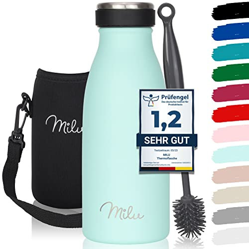 Milu Stainless Steel Drinking Bottle 350 ml - Insulated Thermo Flask for Water - Leak Proof, Insulated and Double Walled, Carbonated (Mint, 350 ml)