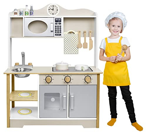 YRHome Kinderküche Holzküche Spielküche 68x26x78cm für Kinder Küchenzeile Zubehör Spielset mit 2 Kochstellen,Spüle,Wasserhahn, Mikrowelle Kinder Spielzeug für Mädchen und Jungen Küchenspielzeug