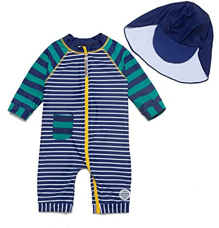 ADAVERANO Maillot de Bain bébé garçon uv50 + Avant Pleine Longueur zippé sunwear avec Chapeau de Protection Solaire.(Rayures Vertes,86-92Cm)