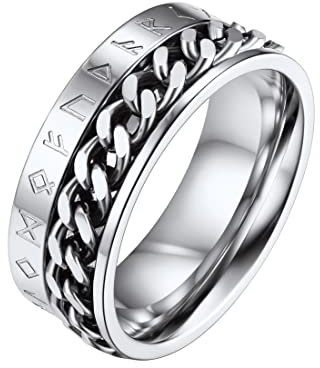 FaithHeart Herren Jungen Spinnerring mit Kette Mittelring zum drehen edelstahl Wikinger Rune Fingerring für Weihnachten Geburtstag Valentinstag