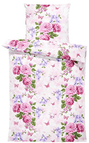one-home Bettwäsche Mikrofaser Garnitur Bettbezug modern viele Muster mit Reißverschluss, Farbe:Blumen rosa weiß, Größe:4 teilig 155x220 cm