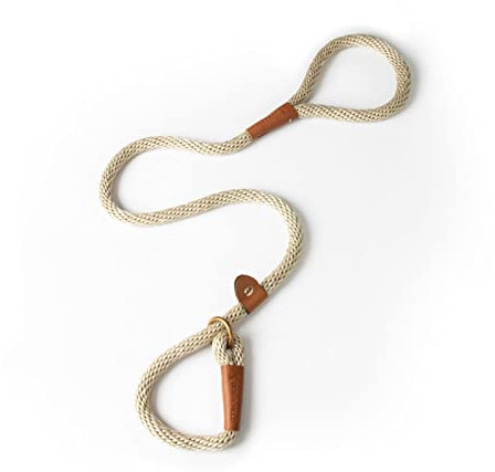 Dog & Field Lux Woven Slip Lead - Ivory. 1.2m Soft Braided Rope Dog Training Lead With Brass Fittings & Leather Bindings. No Collar Or Harness Needed, One Size