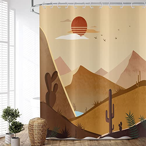 ASDCXZ Duschvorhang Boho Style 180x240 cm, Handgemalt Boho Abstrakt Kunst Sonne Kaktus Blätter Waschbar Duschvorhänge Antischimmel Polyester Textil Wasserdicht Vorhang für Badewanne mit 12 Haken