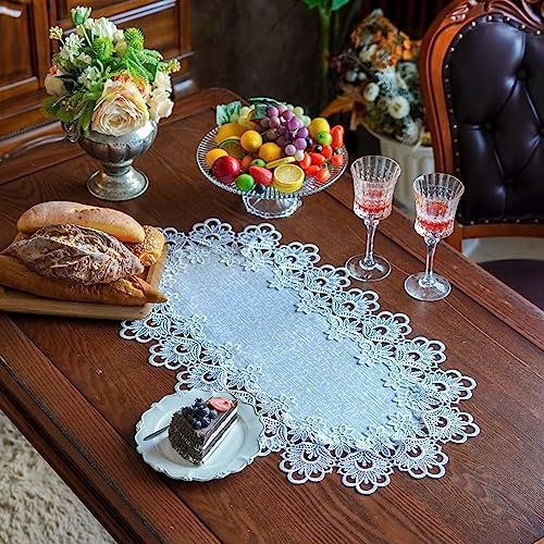 ARTABLE Spitzendeckchen, runde Spitze, Platzdeckchen, bestickt, Blumen-Tassenmatte, Vasenmatte für Tischdekoration, Heimdekoration, Esstisch (40,6 x 71,1 cm, oval, weiß)