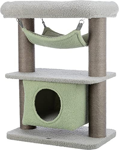 TRIXIE Junior Kratzbaum Lunito 71 cm in grau/Mint – Katzenbaum klein auf 2 Ebenen mit Katzenhöhle, Katzenhaus mit Kratz- und Schlafmöglichkeit – gemütlich & stabil – 44442