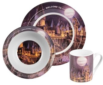 United Labels Harry Potter Frühstücksset Kinder, mit Hogwarts Motiv, Geschirr Set Porzellan, 3-teilig mit Teller, Schale und Tasse, spülmaschinenfest und mikrowellengeeignet