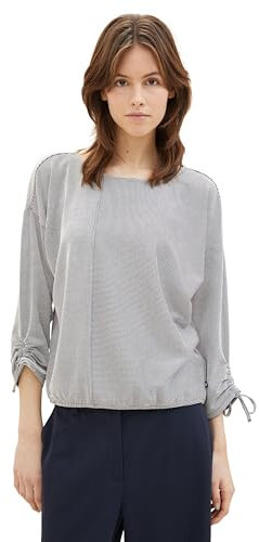 Tom Tailor Denim Damen Loose Fit Longsleeve mit Streifen & Raffarm, 34744 - Small Navy White Stripe, L