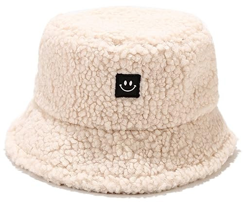 Damen Plüsch Fischerhut Wintermütze Flauschige Bucket Hat Warme Anglerhut Winter Fischerhut Damen Kunstpelz Bucket Cap Warme Mütze mit breiter Krempe Flauschige Mütze (Beige-1)