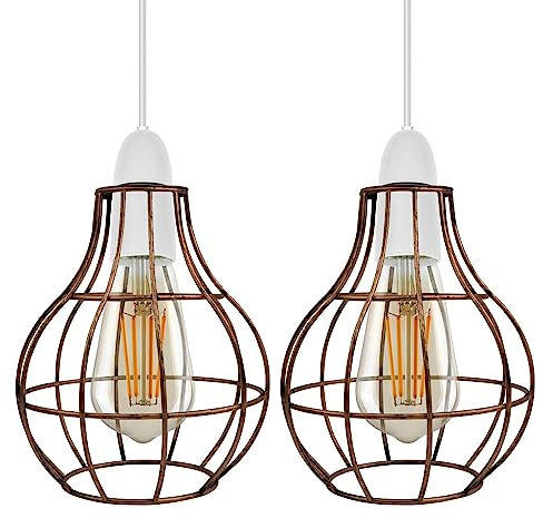 LEDsone Modern Geometric Metal Wire Cage Pendant Light - Indoor Kitchen/Bedroom pendant lighting (Brushed Copper, 2 Pack)