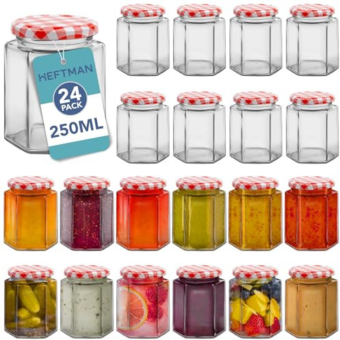 HEFTMAN Tarros pequeños de vidrio con tapas, paquete de 24 tarros herméticos de 250 ml con tapas de cuadros rojos para uso como tarro de pepinillos, mermeladas, miel, fabricación de velas, conserva