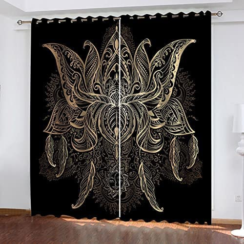 3D Vorhang Verdunkelung Goldenes Lotusmuster Thermo Gardinen Kinderzimmer Blickdichter Ösenschal Dekoschal Für Schlaf Wohnzimmer Schlafzimmer/Uv-Schutz, 2Er Set 170(B) X200(H) cm