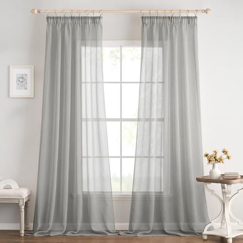 EMEMA 2er Set Sheer Voile Vorhang mit Kräuselband Transparente Gardine aus Voile Polyester Transparent Wohnzimmer Luftig Dekoschal für Schlafzimmer 140 X 225 cm (B x H) Grau