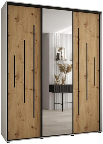 MEBLE KRYSPOL Davos 13 200 Schrank mit DREI Schiebetüren für Schlafzimmer - Moderner Kleiderschrank mit Spiegel, Kleiderstange und Regalen - 235,2x200x45 cm - Weiß Artisan Schwarz
