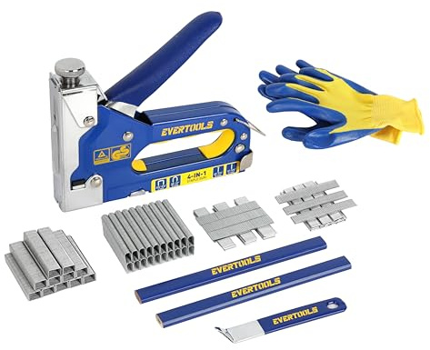 EVERTOOLS 4-in-1 Heavy Duty Staple Gun Kit with 6,000 Staples, Adjustable Power and Jam-Free Design, Includes Staple Remover and Gloves for Upholstery, Furniture, Carpentry, Decoration and DIY