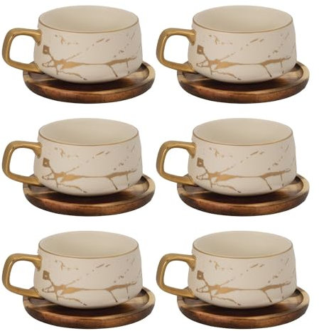 INTIRILIFE 6x Tazza in ceramica con design marmo in Bianco - circa 200 ml - Tazza da caffè, tazza da tè con sottobicchiere in legno