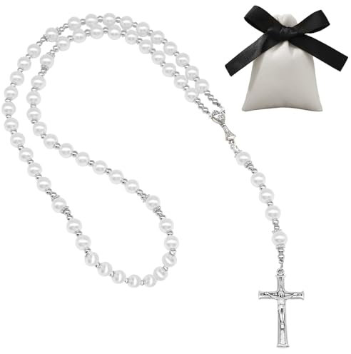 Giugio Rosenkranz aus Natursteinen mit Retro-Kreuz - Katholische Gebetskette für Taufe, Kommunion, Hochzeit und Party Gefälligkeiten (Weiß)