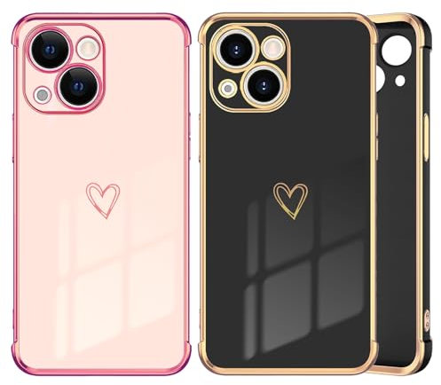 DSOIYIC 2 Stück für iPhone 13 Hülle Herz, Silikon Handyhülle Mädchen Liebe Galvanisierte Schutzhülle Weich TPU Stoßfest Dünn Case für iPhone 13 6,1 - Schwarz & Rosa