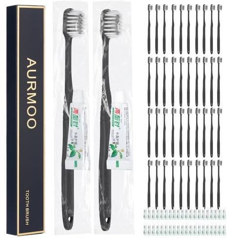 AURMOO 40 Stück Reisezahnbürste mit Zahnpasta, Reise Zahnbürste Set, Einweg Zahnbürste, Handzahnbürste, Hotel Zahnbürsten, Einmal Zahnbürsten, Travel Toothbrush für Camping Reisen, Einzeln Verpackt