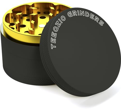 Grinder Pollen Crusher Ø 63 mm aus Aluminiumlegierung - 4-Teilig - für Spice, Kräuter, Gewürze, Herb, Kaffee Diamantförmige Zähne mit Pollen Scraper und Pinsel (Schwarz & Gold)