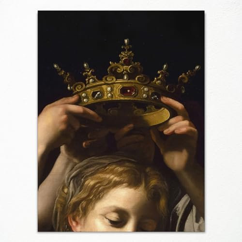 Klassisches Ölgemälde The Crown by Bartolomeo Cavarozzic 1620, berühmtes Kunstwerk, Reproduktion, Druck, Leinwand, dunkle Akademie, Renaissance, Gemälde der Königin, die gekrönt wird, ästhetisches