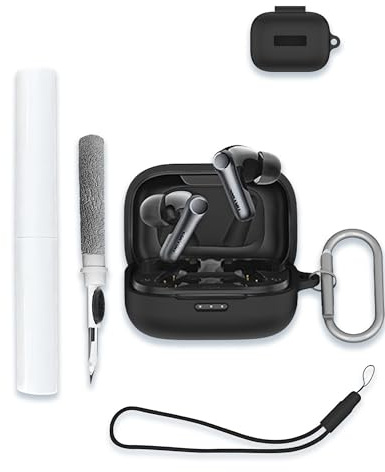 Case for EarFun Air Pro 4 Adaptive Hybrid Noise Canceling Wireless Earbuds, WUNIAK Soft Silicone Protective Portable Scratch Shock Resistant Shell with Cleaner Kit & Carabiner & Lanyard,Black