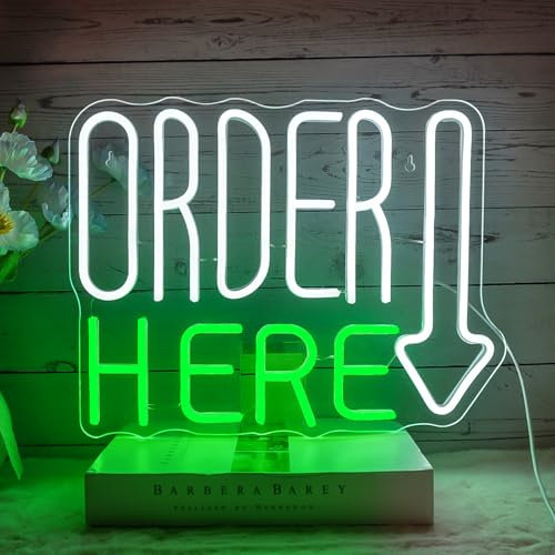 NOXET Order Here Neonschild weißer grüner Buchstabe, Neonlicht für Wanddekoration, dimmbares Bestellpfeil-Neonlicht für Restaurant, Geschäft, Kaffee, Bar, Geschäftsschild