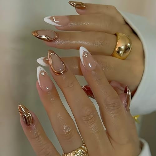 SXVME White French Tip False Nails Short Almond Press on Nails Nude Fake Nails With 3D Gold Swirl Design Rhinestone Full Cover Glue on Nails Acrylic Stick on Nails for Women 24 Pcs