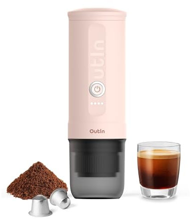 OutIn Nano Máquina de café espresso eléctrica portátil, cafetera de viaje para acampar, cafetera de auto autocalentamiento con USB-C, con café molido y cápsula NS