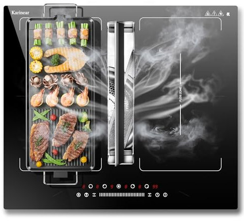 Karinear Placa Inducción 4 Fuegos Flexzonen Con Extractor, 60 cm, Zona Flexible Con Refuerzo, Temporizador, Pausa, 7200 W, Campo De Inducción 4 Placas Y Campana Extractora 145 W, 220-240 V