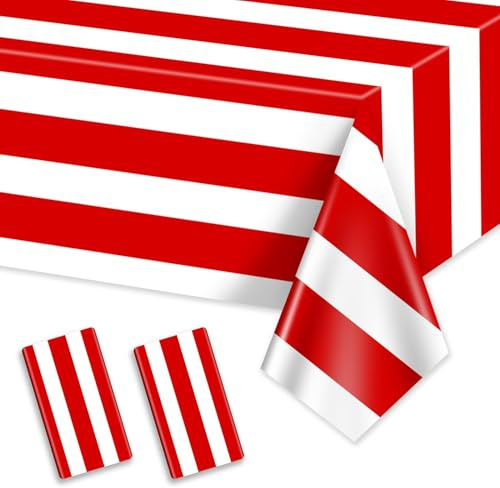 PIXHOTUL 2 Pcs Red and White Striped Vertical Tablecloths, Carnival Tablecover Plastic Disposable Red Stripes Table Cloths for Carnival Theme Party, Movie Night, Birthday, Holiday Party, 220x130cm