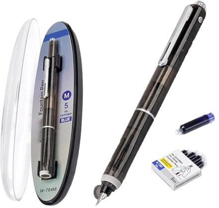 Fountain Pen Retractable, 0.38mm Fine Nib Refillable Ink, Transparent Barrel, Smooth Writing Blue & Black Ink, Includes 5 Cartridges, No Leak Pen for Writing (Black)