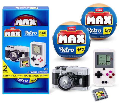 Max Build More Premium Retro Series 2 (Appareil Photo & Console de Jeux Portable) de ZURU – Jouet de déballage Surprise et Briques de Construction de Collection avec jusqu'à 340 pièces