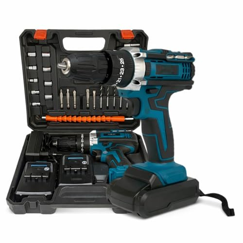 Trapano Avvitatore con Percussione doppia Batteria 36V 1.5Ah Coppia Max 30Nm 2 Velocità 0-350/1150RPM Mandrino Autoserrante 10mm con Luce LED + Accessori in Valigetta ideale per fai da te