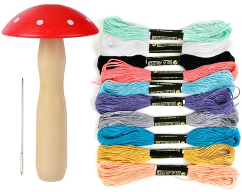 Vestamore Cute Wood Darning Mushroom and Needle Kit, Ideal Darning Supplies with Sewing Thread for Clothing Repairs