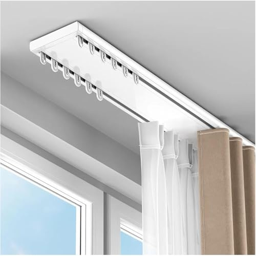 Heavy Duty Aluminum Double Curtain Tracks, 50-800 cm Silent Sliding Ceiling Rails System, for Room Divider, Drapes and Blackout Curtains in Bedroom, Living Room, Kitchen(White,60cm)