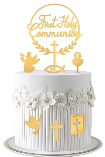 DOORIO 7pcs First Holy Communion Cake Toppers Christening Cake Decoration | Cross, Bible, Fish, Dove, Grail, for Baptism, Baby Shower, Birthday, Wedding