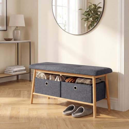 [en.casa] Sitzbank mit Stauraum Vad Schuhbank 90 x 30 x 45 cm Flurbank gepolsterte Sitzfläche Garderobenbank für Flur Ankleidezimmer Schlafzimmer Bambusgestell Natur/Grau