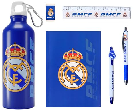 Real Madrid CF Set di Cancelleria per Ragazzi, Include Quaderno, Penne, Righello, Gomma e Borraccia 650 ml, Regalo per Bambini e Ragazzi