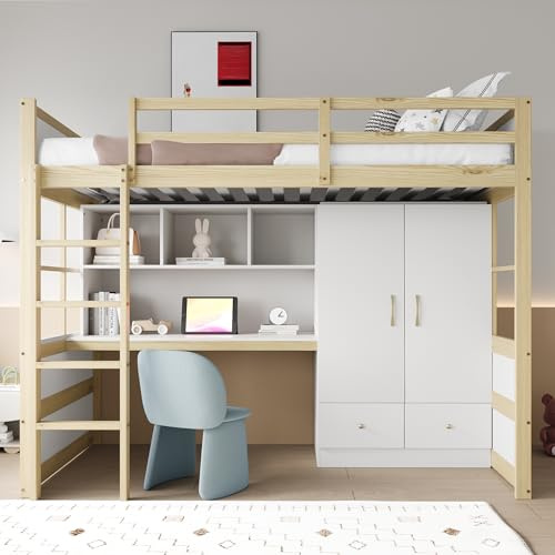 MAMAINI Letto a soppalco 90 x 200 cm, con scala, scrivania con vano portaoggetti, guardaroba, cassetti, letto per ragazzi, in legno naturale