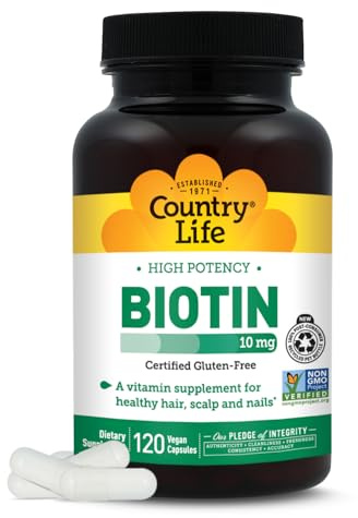 Country Life High-Potency Biotin 10mg - Vegan & Gluten-Free Biotin Supplement for Skin & Nails, Energy Metabolism - Biotin 10000mcg Capsules