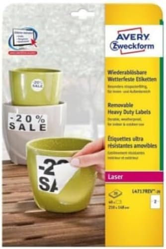 AVERY Zweckform L4717REV-20 Wetterfeste Folienetiketten (40 Aufkleber, 210x148mm auf A4, selbstklebend, wasserfest, wiederablösbar, strapazierfähig, bedruckbare Outdoor Klebefolie) 20 Blatt, weiß