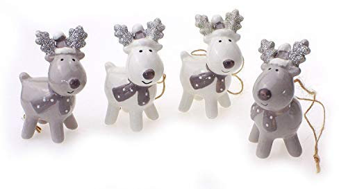 4x Deko Anhänger Figur Rentier je 7,5 cm, Polystein weiß braun silber, Dekofigur Dekoanhänger Elch Baumschmuck Winterdeko Weihnachtsdeko