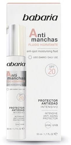 Babaria - Fluido Antimanchas Hidratante Antiedad y Antioxidante, Protección UVA/UVB SPF 20, Con Silanol, para Cara, Cuello y Escote, Vegano - 50 ml