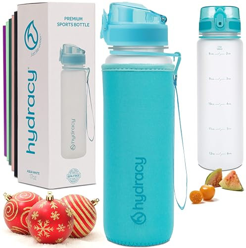 Hydracy Water Bottle with Time Marker - 500 ml 17 Oz BPA Free Water Bottle - Leak Proof & No Sweat Gym Bottle with Fruit Infuser Strainer - Ideal for Fitness or Sports & Outdoors