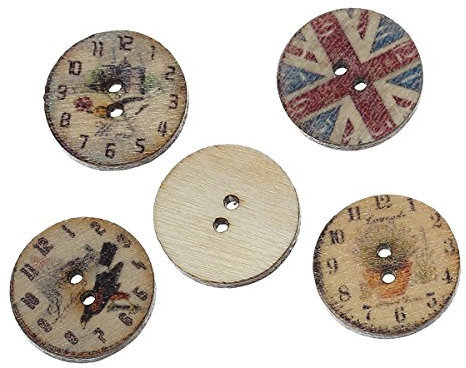 SiAura Material - 100 Stück Runde Holzknöpfe Uhr Muster 20mm, zufällig gemischt, 2 Löcher I Zum Nähen, Basteln und Dekorieren