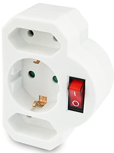 Steckdosenadapter 3-fach | 1x Schutzkontaktbuchse + 2x Euro-Buchse | Steckdosenschalter | schaltbare Steckdose | beleuchteter Schalter | Sicherheitsschalter | Zwischensteckdose | 1 Stück