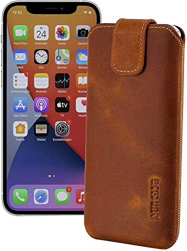 Suncase ECHT Ledertasche Leder Etui kompatibel mit iPhone 12 (6.1) Hülle (mit Rückzugsfunktion und Magnetverschluss) antik Cognac
