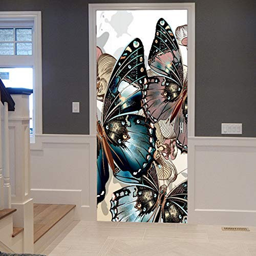 A.Monamour Türtapete Selbstklebend Türfolie Türposter 3D Vintage Blumen Schmetterlinge Muster Druck Vinyl Folie Türdeko Tapete Wandbild Türaufkleber Türtattoo 77 x 200 cm
