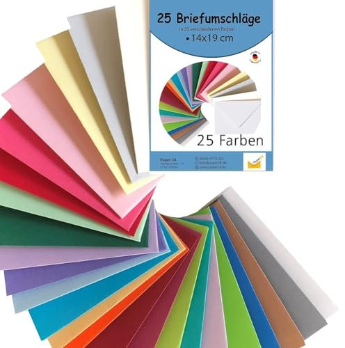 Paper24 25 Briefumschläge 14x19 cm, Briefumschlag 140x190 mm in 25 unterschiedlichen Farben als Set, nassklebend, ideal zum Basteln, zu Weihnachten oder als Geschenkidee