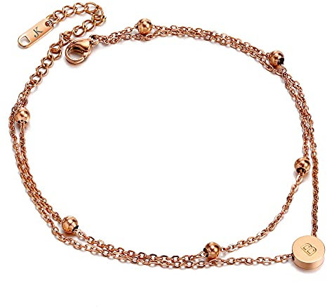Kim Johanson Edelstahl Damen Fußkettchen *Buchstabe* in Roségold Doppelte Fußkette mit 6 Kugeln | Buchstaben A bis Z | Wasserfest | Frauen Boho Schmuck | Verstellbar inkl. Schmuckbeutel (B)